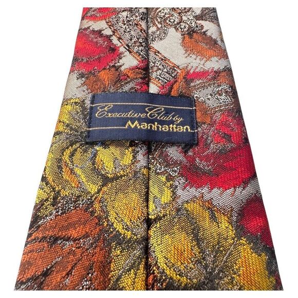 Executive‎ Club by Manhattan Mens Silk Blend Floral Tie Red Yellow Brown - Picture 2 of 4